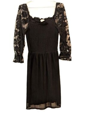 Siren Lily Black Lace-Sleeve Smocked Bodice Midi Dress